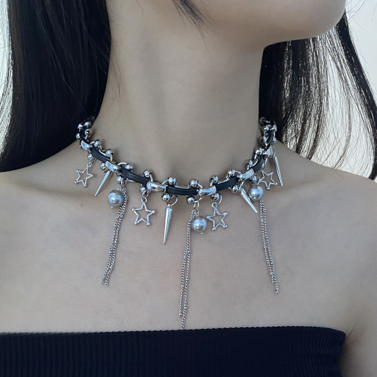 金属皮质编织女流苏星星锁骨项链