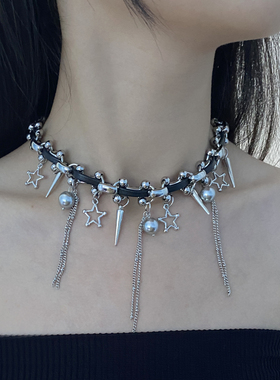 金属皮质编织女流苏星星锁骨项链