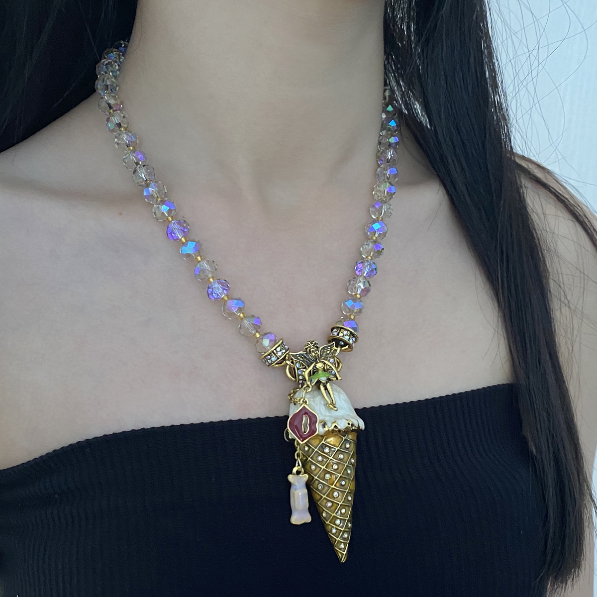 水晶串珠女幻彩串珠锁骨项链