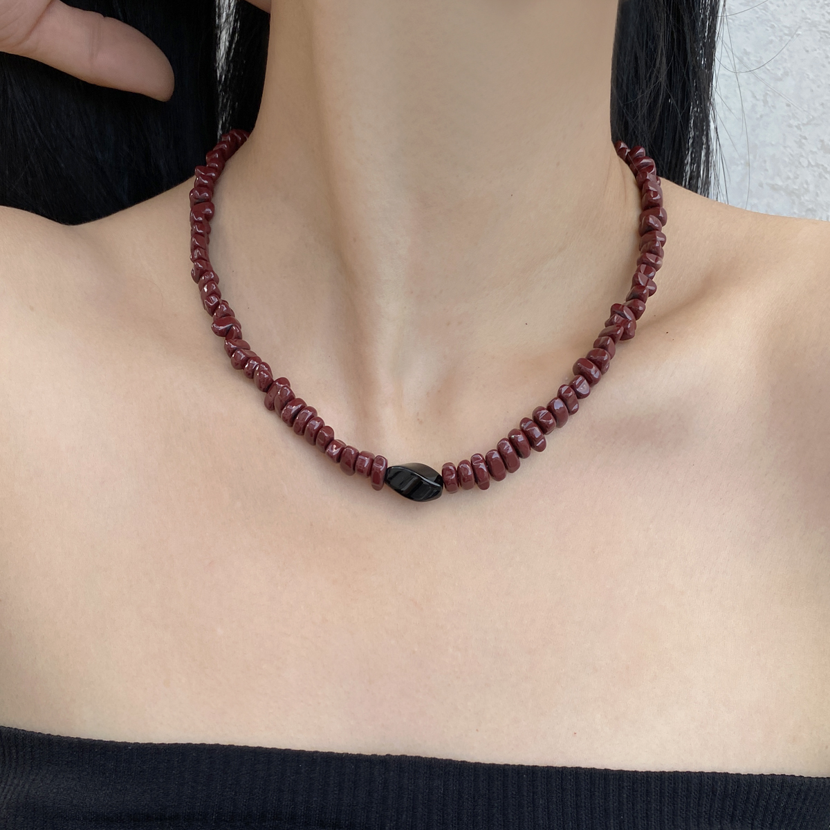 天然石串珠女红色不规则锁骨项链