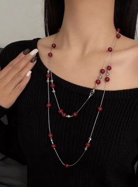 水晶串珠红宝石珍珠长款叠戴项链