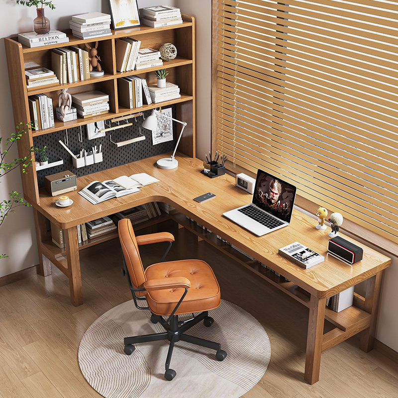 现代实木转角电脑桌书桌书架一体书柜置物架办公桌学习家用卧室