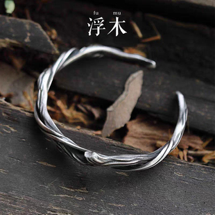 男士手镯高级感复古做旧浮木潮流个性手环时尚手链冷淡风实心镯子