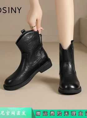 卓诗尼2025秋冬新款短靴女鞋黑色单里加绒瘦瘦靴平底靴子圆头平跟
