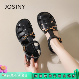 卓诗尼2026年夏季新款女鞋平底低跟外穿猪笼鞋编织夏款罗马凉鞋子