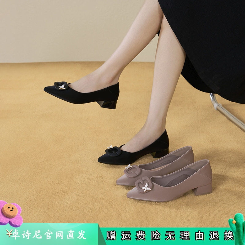卓诗尼2026春冬季新款厚底女鞋高跟鞋单鞋尖头粗跟高跟鞋低跟浅口