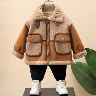 男童加绒外套冬季儿童麂皮绒加厚皮毛一体皮衣男孩羊羔毛冬装上衣