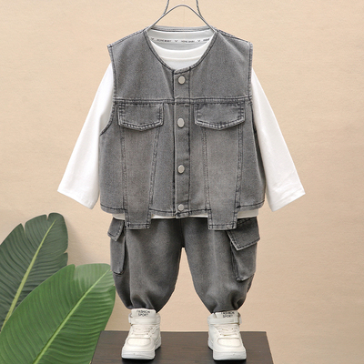 时尚顽童时髦牛仔三件套春秋套装