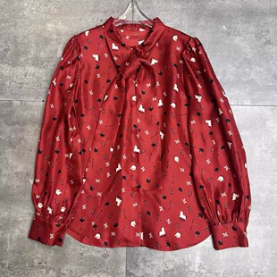 高端气质字母小马碎花重磅真丝斜纹绸衬衫 优雅飘带上衣2026早春