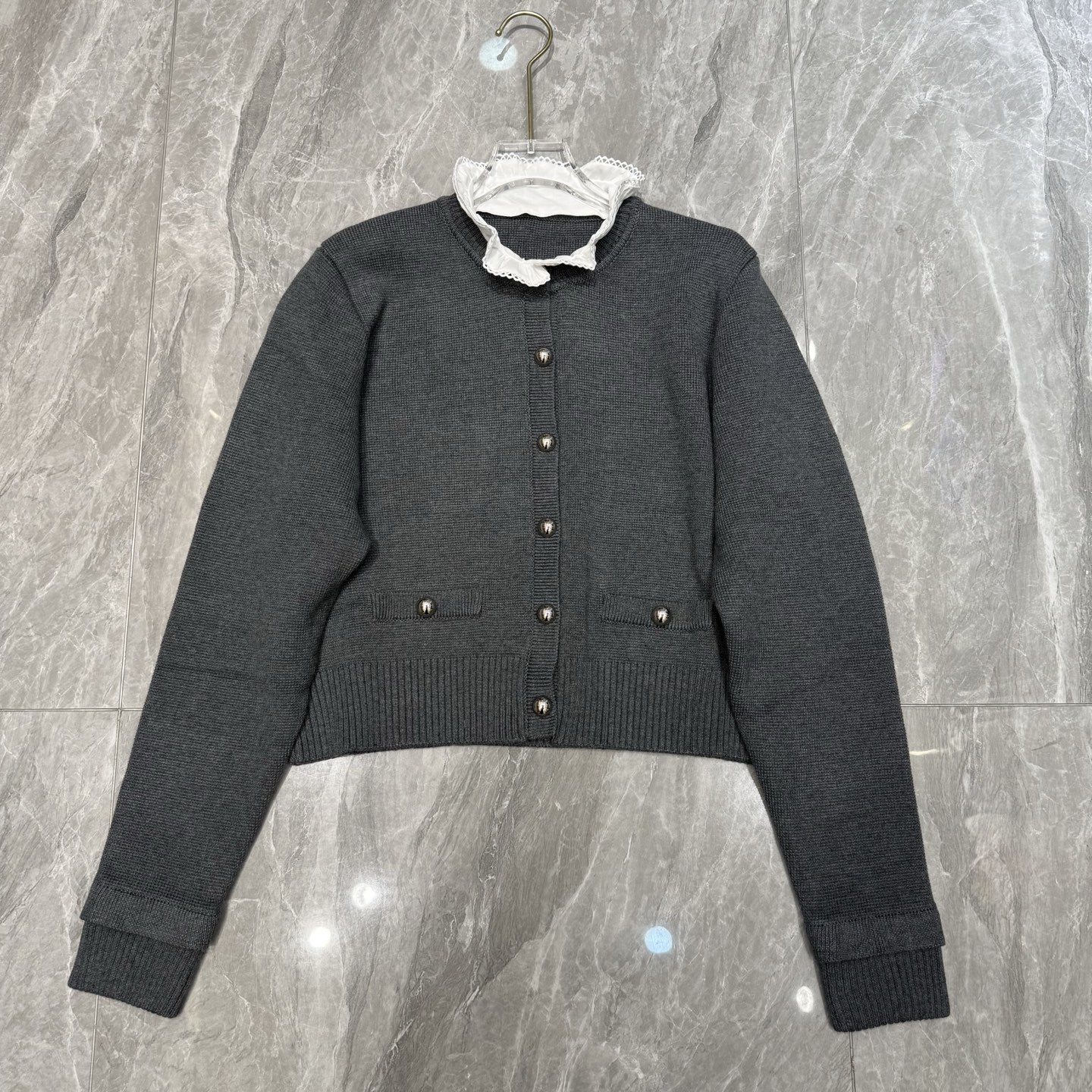 小香风花边立领拼接针织开衫外套减龄甜美金属扣短款毛衣2025冬季