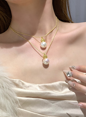 天女粉光珍珠项链女法式复古轻奢高级感镶钻锁骨链吊坠