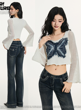 SLASH 法式白色蝴蝶结牛仔贴布针织罩衫女短款镂空显瘦设计感上衣