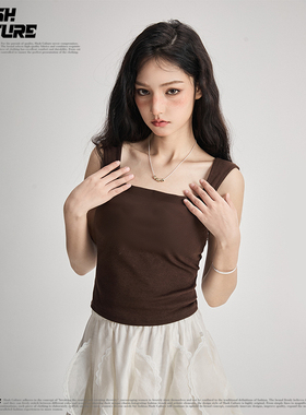 SLASH 美拉德棕色方领吊带背心女修身显瘦带胸垫内搭外穿美背上衣