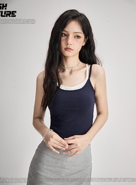 SLASH 设计感撞色假两件吊带女藏青修身显瘦百搭辣妹内搭外穿上衣