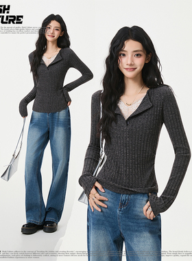 SLASH拼接蕾丝边假两件V领针织小衫女士新款纯欲修身长袖打底上衣