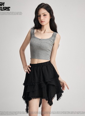 SLASH 灰色蕾丝边吊带背心女修身显瘦纯欲风内搭外穿短款辣妹上衣