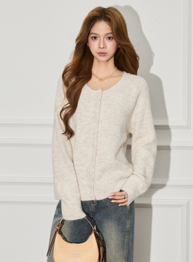 SLASH 韩系温柔风浅杏色仿貂毛毛衣女宽松显瘦圆领单排扣针织开衫