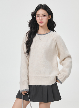 SLASH 韩系温柔风杏色仿貂毛毛衣女宽松显瘦撞色包边圆领针织上衣