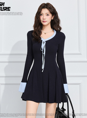 SLASH  韩系学院风藏青撞色针织连衣裙女士收腰显瘦A字短款长袖裙