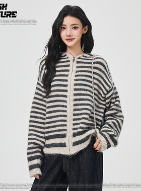 SLASH 韩系复古风灰白条纹仿貂毛毛衣女宽松显瘦连帽拉链针织开衫