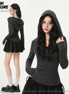 SLASH 深灰色连帽针织衫女士辣妹风软糯亲肤修身显瘦打底外穿上衣