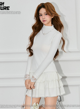 SLASH 2026春秋新款蕾丝花边白色高领长袖内搭T恤女士打底衫上衣