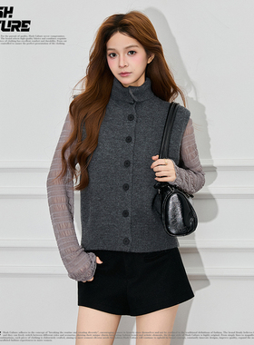 SLASH 韩系简约风灰色立领针织马甲女单排扣显瘦无袖毛衣背心外搭