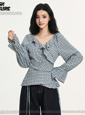 SLASH 法式温柔蓝白格纹荷叶边衬衫女收腰显瘦喇叭袖交叉绑带上衣
