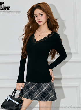 SLASH 纯欲风黑色蕾丝V领针织衫女士修身显瘦长袖内搭打底衫上衣