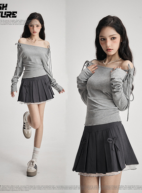 SLASH 灰色一字肩针织衫女2026新款纯欲抽褶显瘦辣妹长袖打底上衣