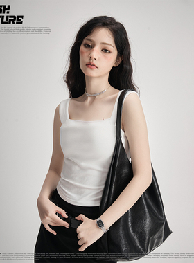SLASH 甜酷风白色方领吊带背心女修身显瘦带胸垫内搭外穿美背上衣