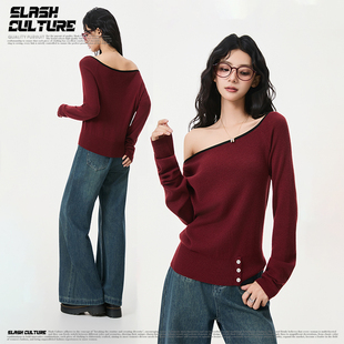 SLASH 女辣妹风软糯亲肤氛围感内搭外穿上衣 酒红色斜肩露肩针织衫