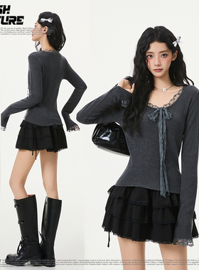 SLASH 甜酷风蕾丝系带深灰色针织衫女修身显瘦含羊毛打底内搭上衣