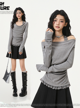 SLASH 灰色蕾丝花边长袖T恤女士2026新款早秋荡领假两件小衫上衣
