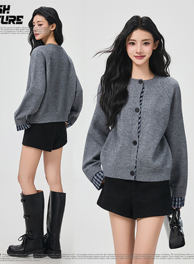 SLASH 法式小众格纹拼接灰色针织开衫女士圆领显瘦休闲毛衣外套