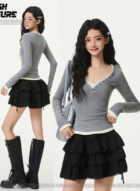 SLASH 灰色V领蕾丝拼接针织衫女纯欲风修身显瘦百搭长袖打底上衣