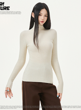 SLASH 杏色高领坑条针织羊毛打底衫女士修身显瘦软糯亲肤内搭上衣