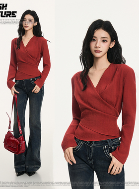 SLASH法式红色V领长袖衬衫女士2026新款系带收腰气质百搭通勤上衣