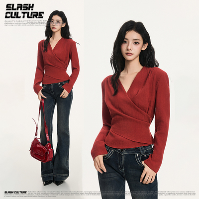 法式红V领长袖收腰通勤衬衫女