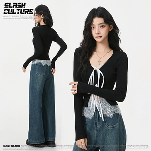 T恤上衣女 拼接绑带针织长袖 SLASH 假两件百搭性感V领蕾丝黑色修身