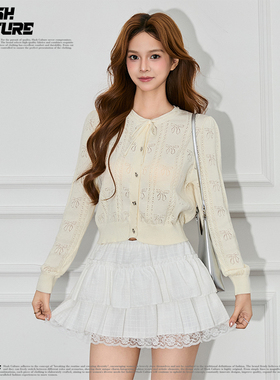 SLASH 甜美风系带圆领镂空提花针织衫女短款单排扣温柔风毛衣开衫