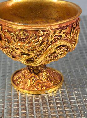 仿古纯铜珍藏铜鎏金浮雕工艺双龙戏珠高脚酒杯办公室客厅国风摆件