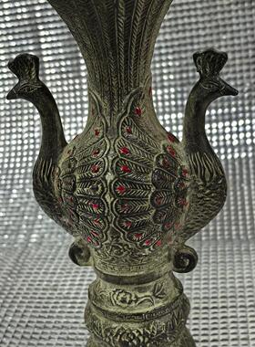 仿古青铜孔雀瓶吉祥如意双凤花瓶装饰品摆件铜器收藏