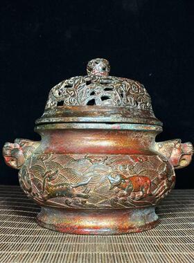 复古做旧纯铜老铜胎泥金狮耳海兽香炉客厅国风供奉家居香炉