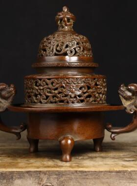 纯铜苏工螭龙耳缠枝莲三足熏炉香薰炉出烟是盘旋散烟