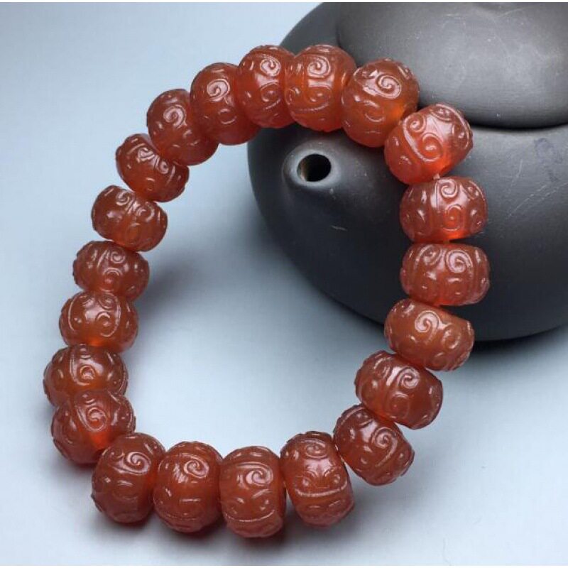 老玛瑙玉髓雕花算盘珠手串雕件佛珠手链