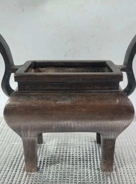 古玩铜器收藏仿古光面大弯耳纯铜方鼎香炉宣德炉家用桌面铜摆件