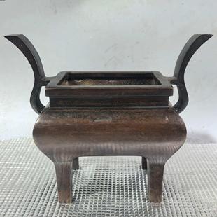 古玩铜器收藏仿古光面大弯耳纯铜方鼎香炉宣德炉家用桌面铜摆件