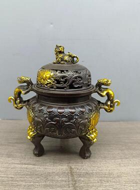 仿古铜摆件古玩铜器兽耳炉鎏金花纹三足鼎香炉老式纯铜家用香炉