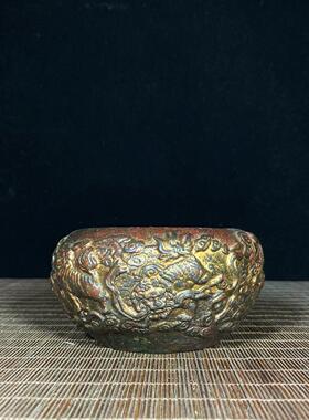 仿古纯铜老铜胎泥金浮雕狮子祥云香炉笔洗文房四宝释放国风摆件